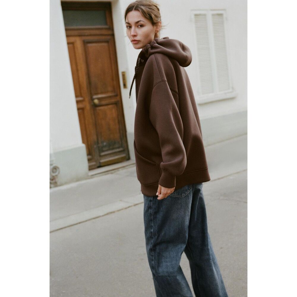 NWT Zara Brown Zip-Up Hoodie Size M Oversized Full Zip